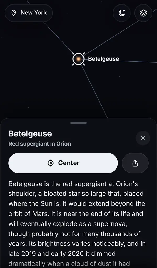 The info card for Betelgeuse, a red supergiant in Orion.