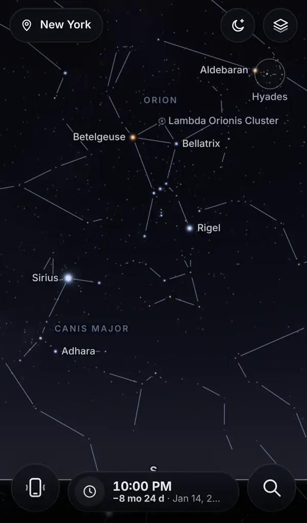 Orion and Canis Major at night, with Betelgeuse, Rigel and Sirius named.