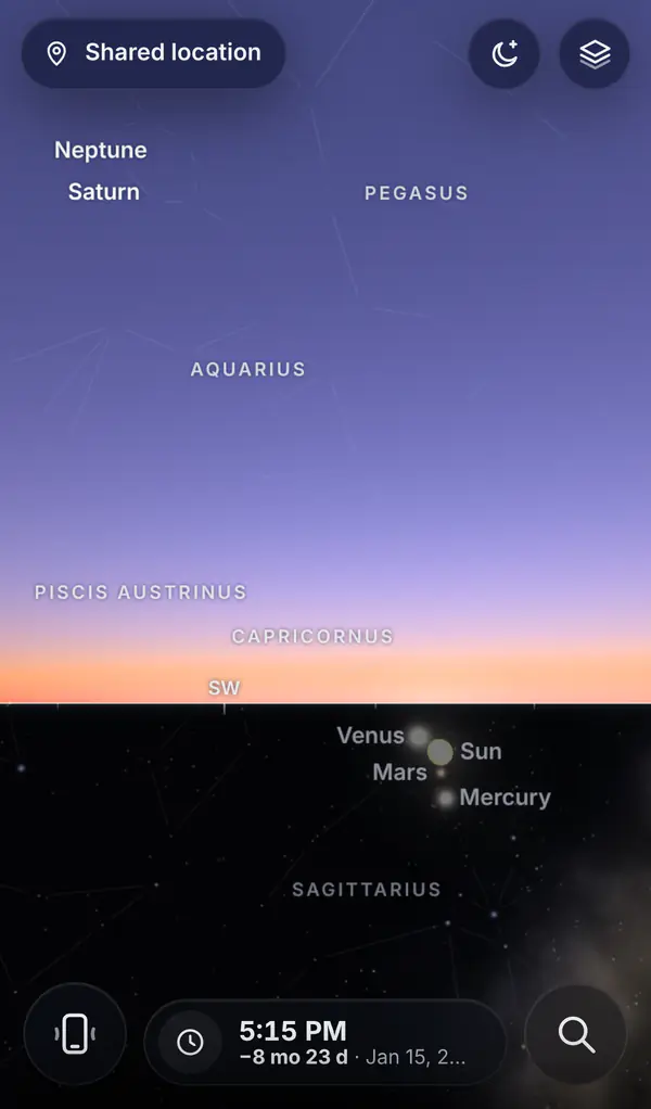 Twilight in the southwest, with Venus, Mars and Mercury near the setting Sun.